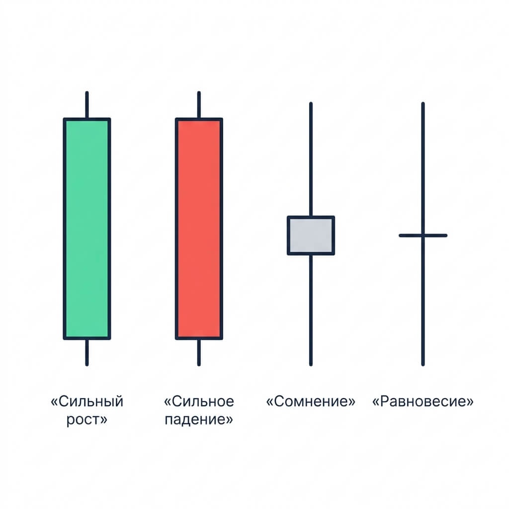 Четыре типа свечей: длинное тело, длинные тени, маленькое тело